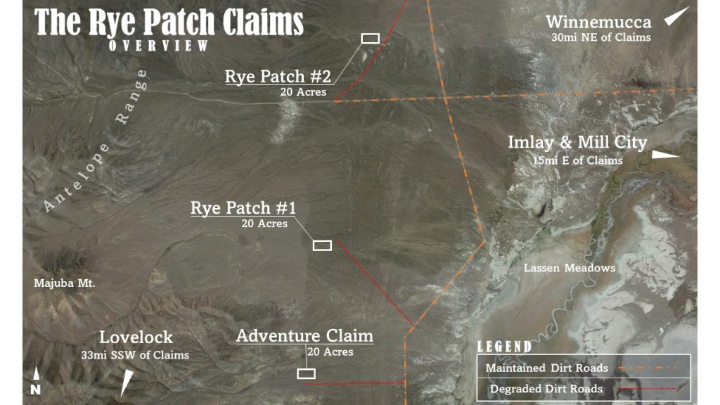 Rye Patch Canyon — low-level satellite overview showing the claim boundaries, Pershing County, Nevada