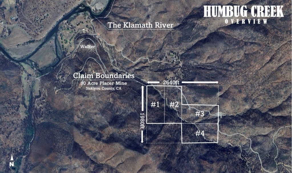 Humbug Creek — low-level satellite overview showing the claim boundaries, Siskiyou County, California