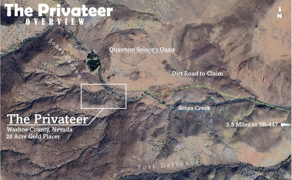 Gold Nuggets on the Privateer — low-level satellite overview showing the claim boundaries, Siskiyou County, California