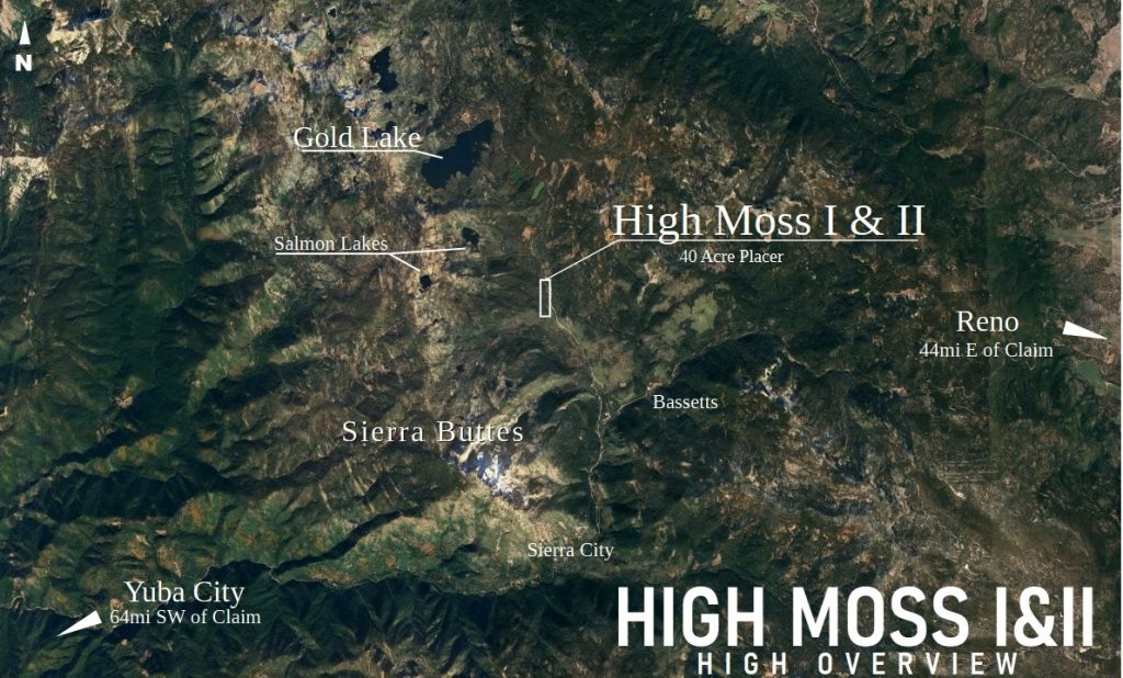 High Moss #91 — high-level satellite overview showing the claim boundaries, Sierra County, California