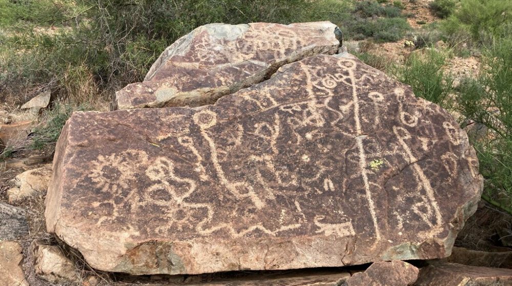 Petroglyph-covered stone found on the Bumblebee Gold #2 claim ground